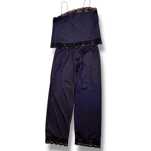 Vtg 1970s Black Silky & Lace 2 Pc Babydoll Tank Pants Pajamas Set 3X Made In USA